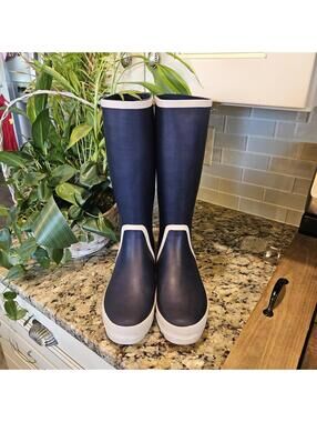 J Crew High Shaft Rain Boot Ladies Size 9 Navy/Cream New In Box